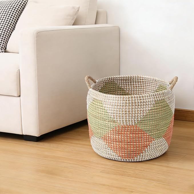 Laundry Baskets Hamper, 3 Pack Seagrass Baskets, Handwoven Woven Laundry Hamper with Handles, 56L, 28L, 15L for Decor Storage of Dirty Clothes,Toys and Blankets in Bathroom, Nursery, Living Room