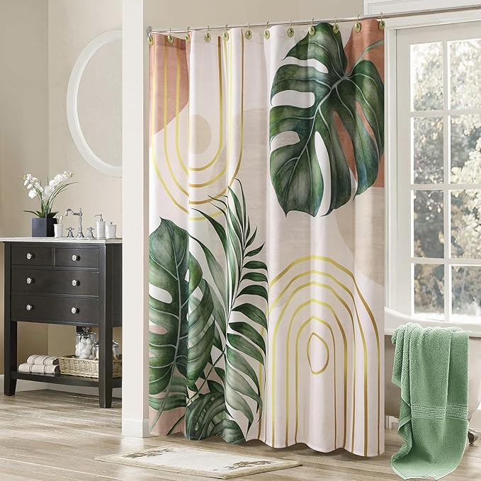Green Tropical Leaf Shower Curtain, Sage Beige Gold Abstract Boho Mid Century Modern Shower Curtain, Waterproof Decorative Watercolor Monstera Palm Tree Plant Botanical Bathroom Curtains, 72"W x 78"H