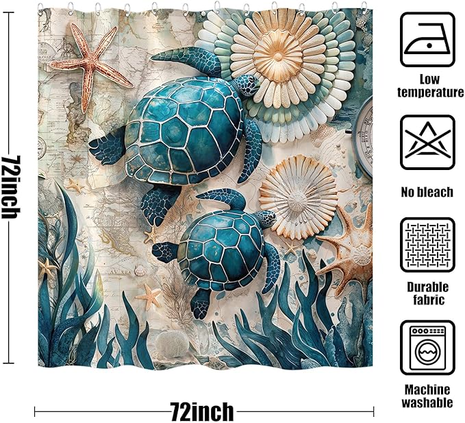 Accnicc Nautical Sea Turtle Shower Curtain Vintage Ocean Teal Blue Turtles Seashell Starfish Shower Curtains for Bathroom 3D Retro Map Beach Coastal Waterproof Fabric Bath Curtain Decor 72 X 72 Inch