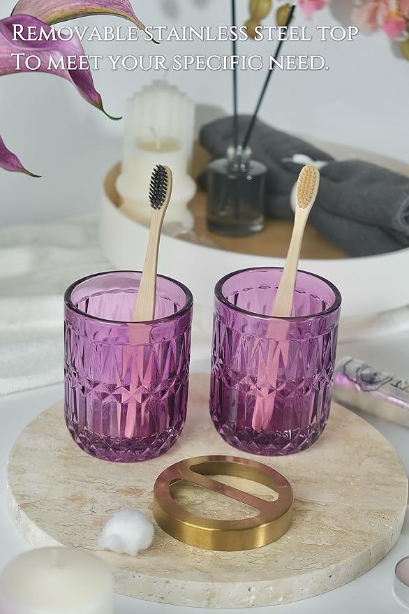 LaMarriti Purple Bathroom Accessories Set, 5Pcs Clear Glass Bathroom Decor Set, Soap Dispenser, Toothbrush Holder Set, Soap Dish, Qtip Holder, Tumbler for Vintage Crystal Bathroom Decor, Gift Set