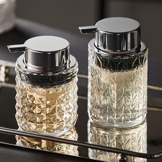 CICUFY Foaming Soap Dispenser 2 Pack, Foam Hand Soap Dispenser for Bathroom Kitchen Liquid Refillable Clear Glass Bottles with Silver Pump(Diamond Pattern-Clear)