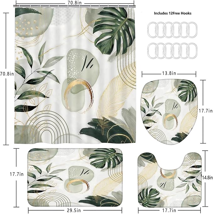 FZDHHY 4Pcs Green Shower Curtain Set, Modern Boho Bathroom Sets, Modern Luxury Bathroom Sets with Shower Curtain and Rugs, Shower Curtain with 12 Hooks