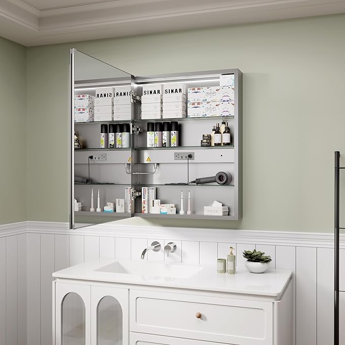 Edge LED Medicine Cabinet Mirror, 24x30 Inch Bathroom Storage, Recessed/Wall Mount, Plug-in/Hardwired, 3 Color Dimmable Light, Anti-Fog, Time Temp Display, Left Hinge