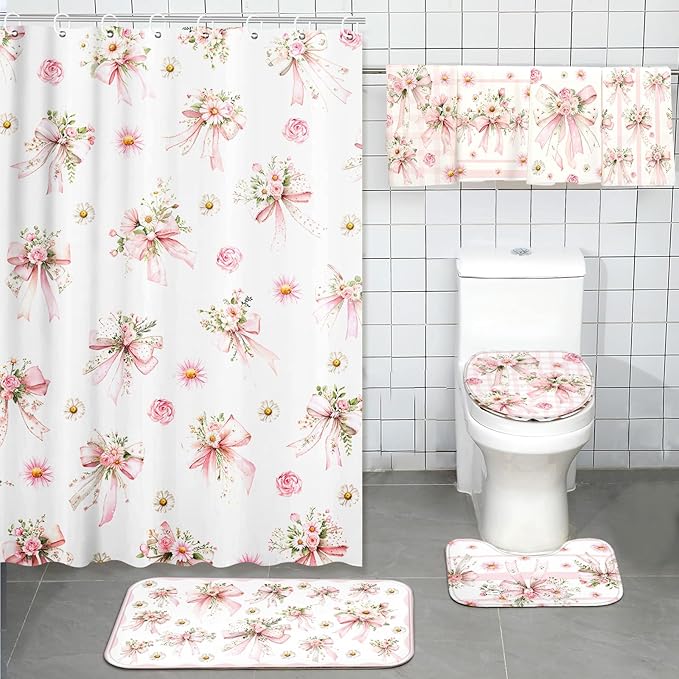 Tatuo 8 Pcs Pink Bow Daisy Shower Curtain Sets for Bathroom Decor Coquette Bathroom Accessories Daisy Rose Aesthetic Girly Shower Curtain Sets with Towels Carpet Bath Mat Toilet Rugs and 12 Hooks