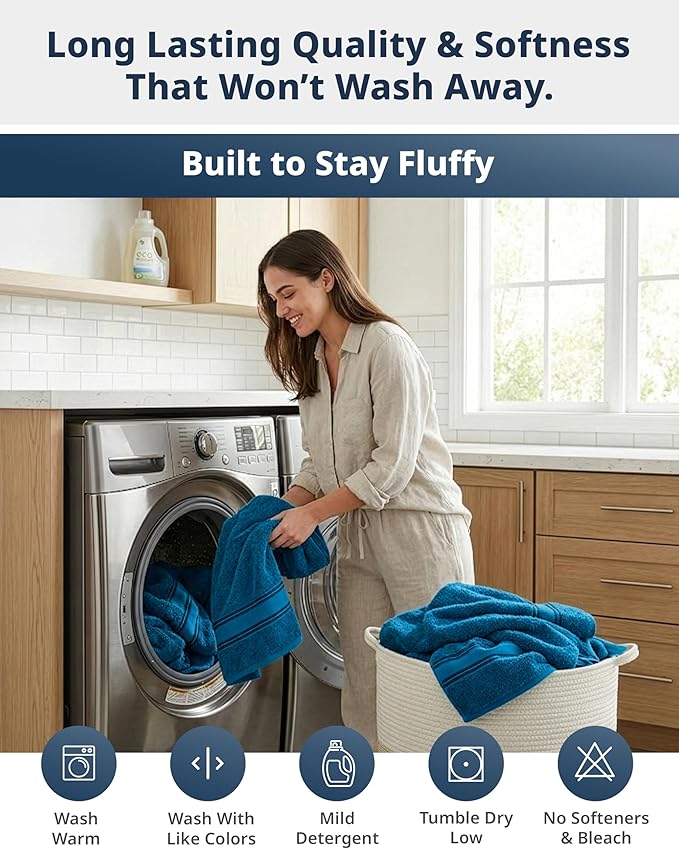 LANE LINEN 100% Cotton 4 Pack Bath Towels Set (28"x54") - Zero Twist, Large Cotton Towels for Bathroom - Quick Dry, Soft & Absorbent Bath Towel Set - Pre Shrunk, Wide Variety of Colors - Sea Port