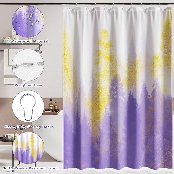 Purple and Gold Bathroom Accessories, Bathroom Sets with Shower Curtain and Rugs, Bath Rugs Accessory Set with Bathroom Trash Can, Soap Dispenser, Soap Dish for Home Decor
