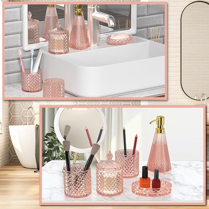 Pink Glass Bathroom Accessories Set 5 Pcs, Pink Bathroom Set, Soap Dispenser and Toothbrush Holder Set, Qtip Holder Set, Vintage Bathroom Sink Set, Cute Bathroom Decor