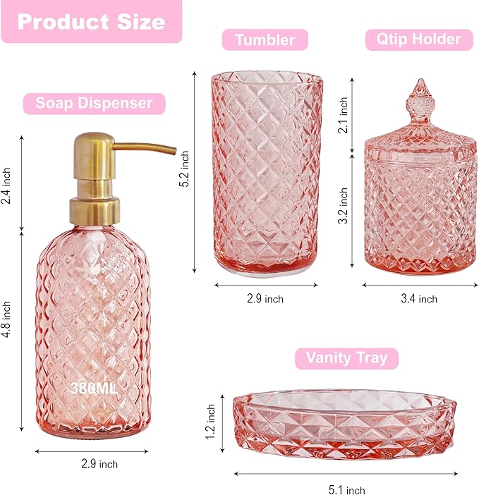 LaMarriti Pink Bathroom Accessories Set, 4Pcs Clear Glass Bathroom Sets, Lotion Soap Dispenser, Toothbrush Holder Set, Soap Dish, Qtip Holder for Crystal Glass Vintage Bath Decor, Valentine Gift Set