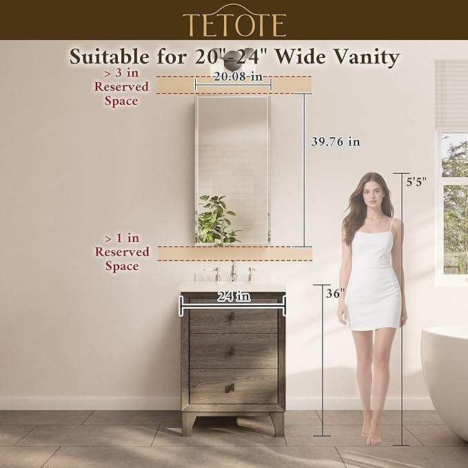 TETOTE 20 x 40 Bathroom Mirror with Storage with Tempered Beveled MirrorSilverMedicine Cabinet Aluminum Cabinet DTC Hinges, Stepless Adjustable Shelves, Recessed/Surface-Mounted