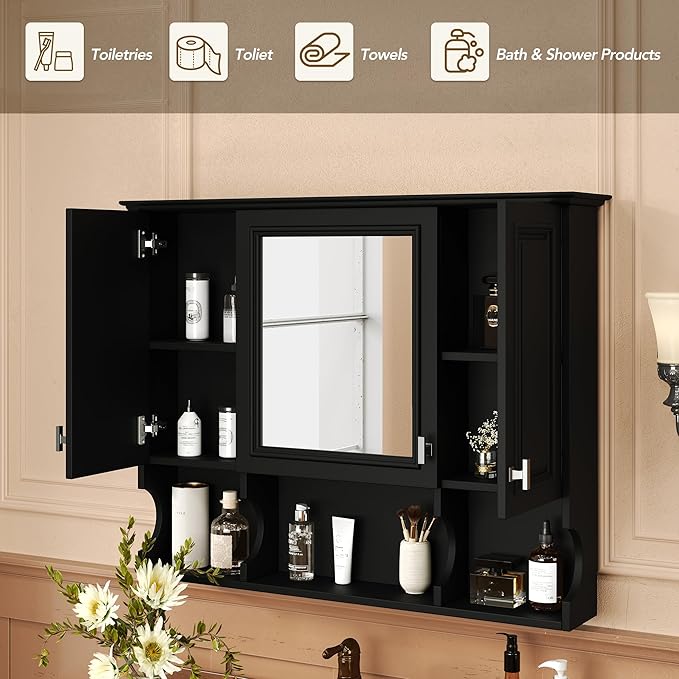 Virubi Bathroom Wall Cabinet with Mirror, Medicine Cabinet with 3 Doors and Adjustable Shelf, Space Saver Storage Cabinets Over The Toilet for Bathroom (35'' x 28'') (Black Color)