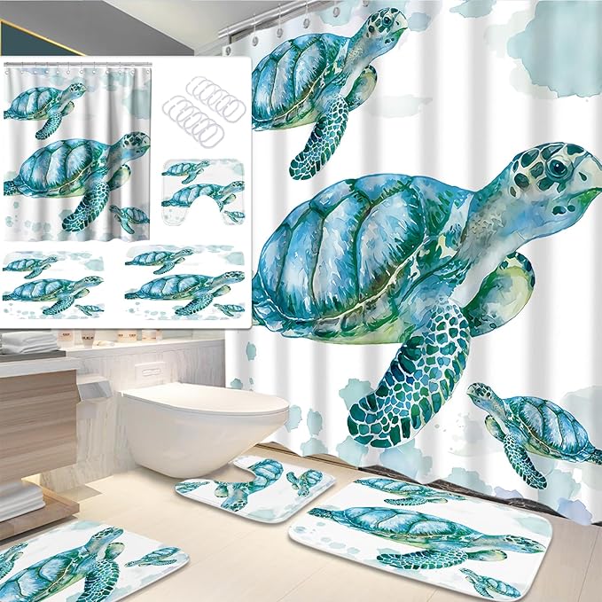 Beach Nautical Sea Turtle Bathroom Sets with Ocean Family Coral Shower Curtain and 20 x 31 Rugs Bathroom Accessories Sets Decor with Bath Rug, Bath Mat, U-Shaped Contour and Hooks 72 x 72 Inch Blue