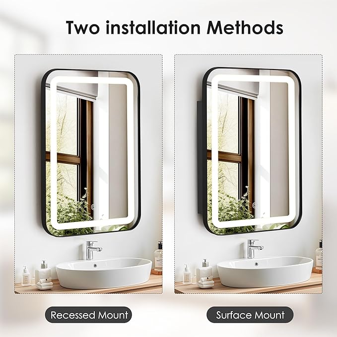 SogesHome Wall Mounted Mirror Medicine Cabinet 24"X16" with LED Lights, Rectangular Vanity Mirror Storage with Shelves, Modern Recessed Mirror Medicine Cabinet for Bathroom, Bedroom, Black