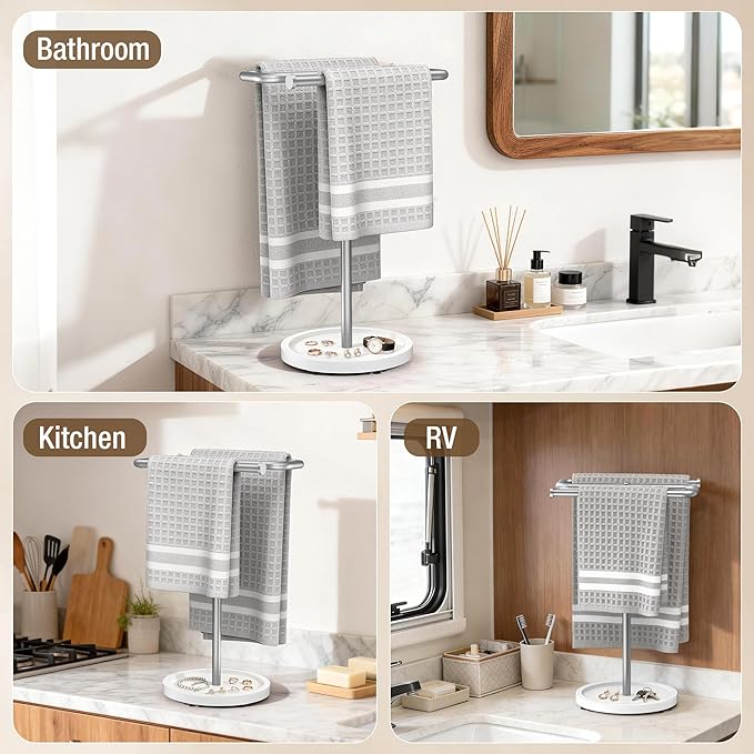 Aetyord Adjustable Hand Towel Holder Stand for Bathroom Countertop, S-Shaped Stainless Steel Towel Rack with Wood Base Strong and Suction Cups, Free Standing Hand Towel Tree for Kitchen Vanity