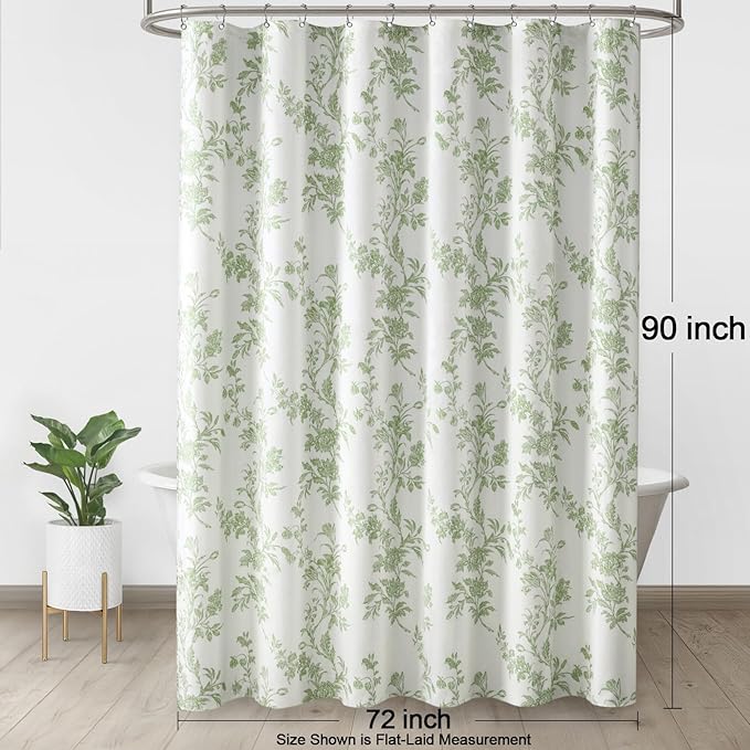 Sage Green Floral Shower Curtain,Vintage Cotton Cottagecore Shower Curtains for Bathroom, 72" W x 90" L