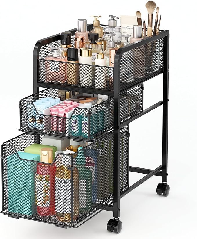 Rolling Makeup Cart Organizer with 2 Drawers, Narrow Floor Skincare Organizers, Vanity Organizer Cosmetics Display Cases Holder for Skin Care Nail Polish Perfume Makeup Brush, Black
