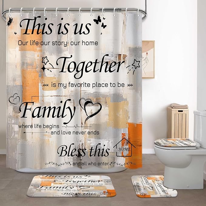 Lnond 4Pcs Bathroom Shower Curtain Sets with Rugs, Orange Grey Motivational Home Family Bathroom Sets with Shower Curtain and Rugs and Accessories