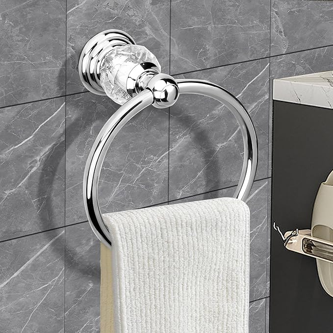 Crystal Chrome Towel Ring, Silver Bathroom Towel Holder Ring, Bathroom Towel Rack Hanger Home Hand Towel Ring Towel Holder for Bathroom Wall Mounted Bathroom Accessory