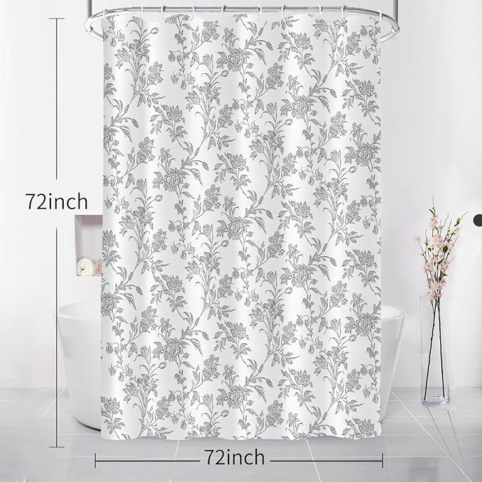 Seorsok Grey Shower Curtain,Sage Cotton Floral Cottagecore,Elegant Floral Fabric Shower Curtain Machine Washable Waterproof Bathroom Decor 72'Wx72'L inches
