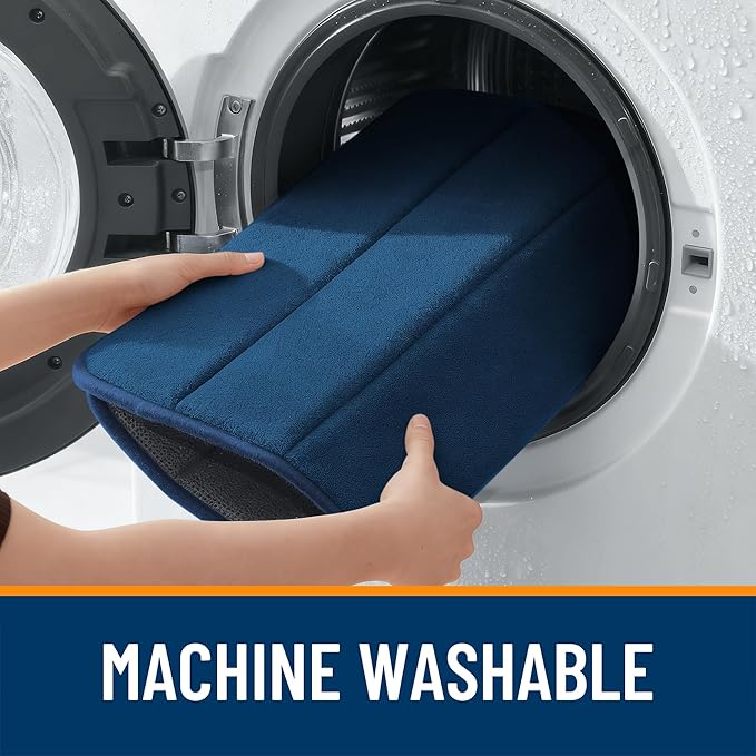 OLANLY Memory Foam Toilet Rugs U Shaped 24x20, Super Soft Absorbent Contour Bath Rugs, Quick Dry, Machine Washable Toilet Mat, Bathmat Floor Carpet, Bathroom Home Decor Accessories, Navy Blue