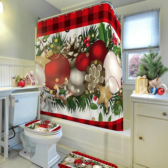 Drydiet 4 Pcs Christmas Bathroom Sets Christmas Ball Shower Curtain Set with Non Slip Rug Toilet Lid Cover Bath Mat with 12 Hooks Red Black Buffalo Check Plaid Xmas Bathroom Shower Decor 71 x 71 Inch