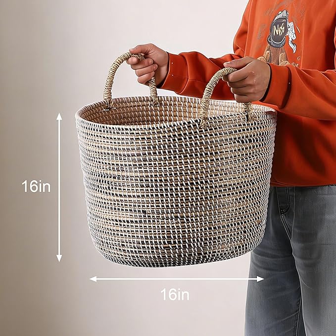 Laundry Basket with Handles - Set of 3 Woven Seagrass Storage Baskets, Large Hamper for Clothes Toys Blankets Dirty Laundry Organizer, Storage Bin for Bedroom, Bathroom - 31.5L, 17.4L, 8.4L