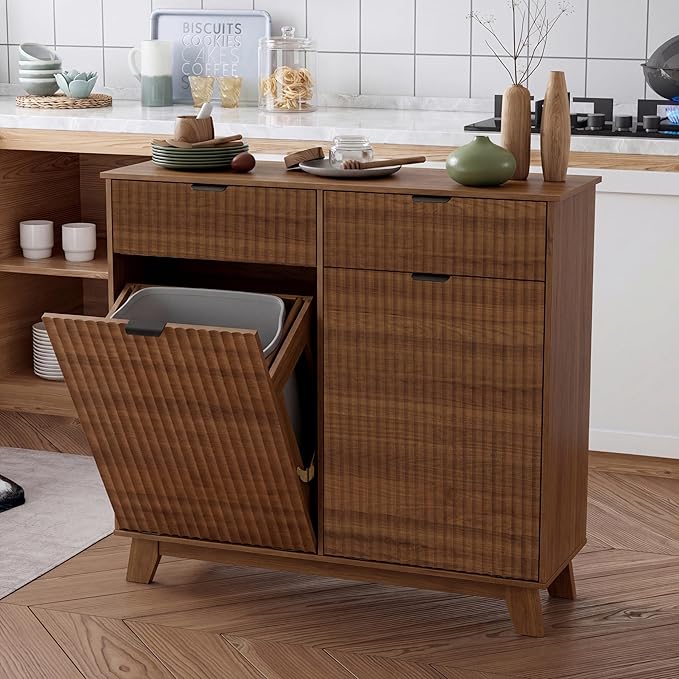 Double Tilt Out Laundry Hamper Cabinet, 20 Gallon Wooden Trash Can Cabinet with Storage Drawers, Hidden Fluted Garbage Can Holder for Kitchen, Living Room (Walnut Wood, 39.34"W x 35.83"H x 13"D)