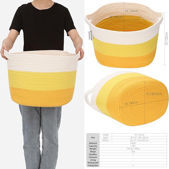 Sea Team Oval Large Cotton Rope Woven Storage Basket with Handles, Diaper Caddy, Baby Shower Basket, Nursery Nappies, Clothes Toys Organizer for Kid's Room, 16 x 13 inches, White & Yellow
