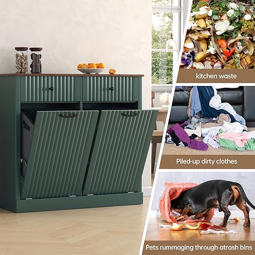 Fluted Tilt Out Laundry Hamper Cabinet, 10 Gallon Hidden Trash Can Cabinet, Wooden 2 in 1 Tilt Out Garbage Can for Kitchen, Bathroom (Green, Full)