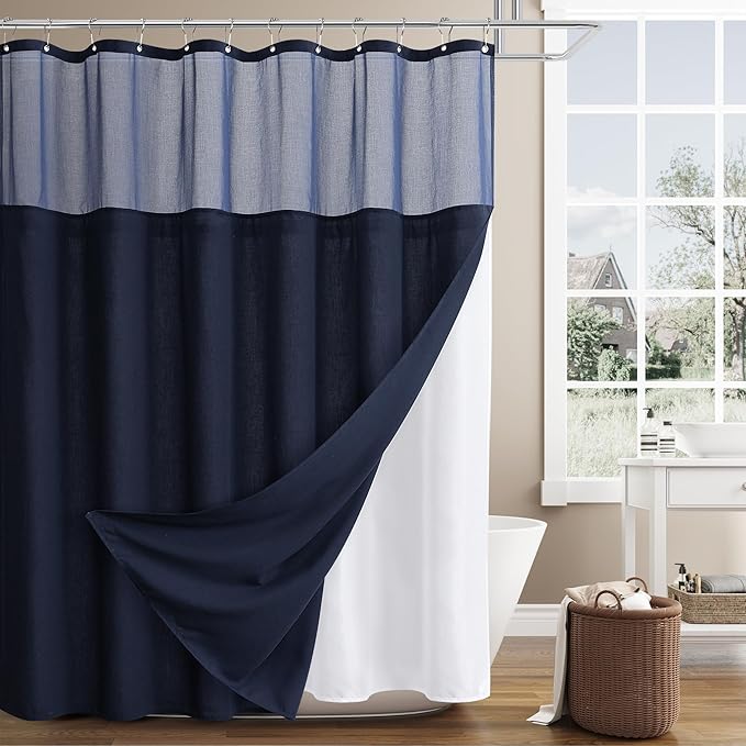 Naturoom Navy Blue Linen Shower Curtain with Fabric Liner Set Rustic Style Modern Farmhouse Shower Curtains for Bathroom 200GSM Burlap Cloth Double Bath Curtains with See Through Top Window 72x72