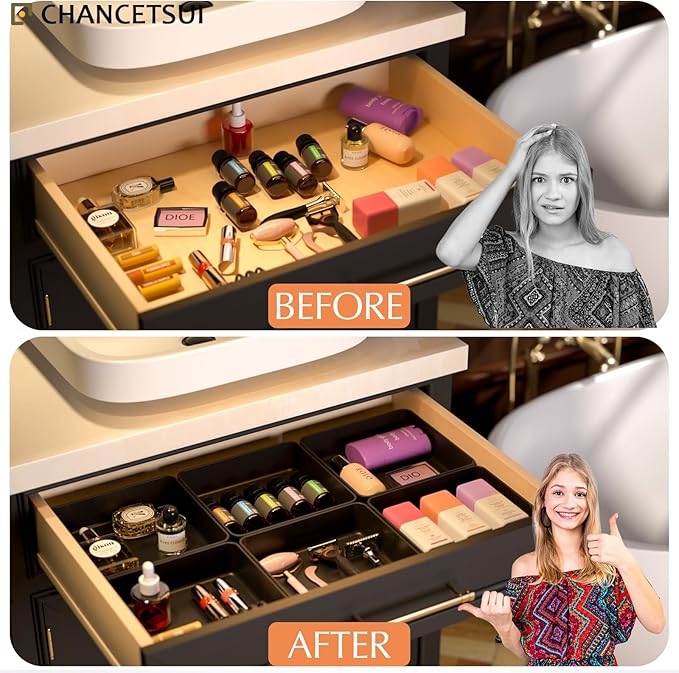 CHANCETSUI Black Stackable Vanity Organizer Trays: Thick Makeup Holder for Countertop, Shallow Drawers