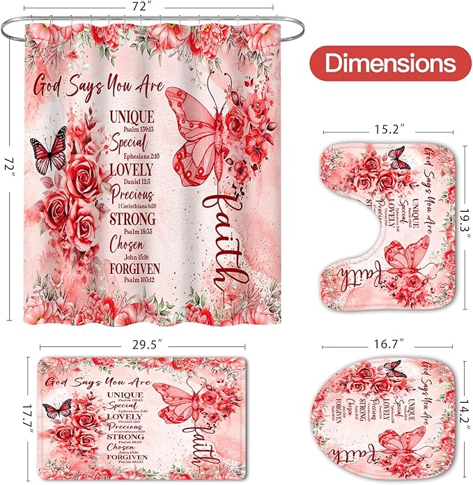 Litabel 4 Pcs Red Butterfly Inspirational Quotes Shower Curtain Set with Rugs and Toilet Lid Cover, Colorful Boho Waterproof Fabric Bathroom Set, Bible Verse Floral Bathroom Decor Set Accessories
