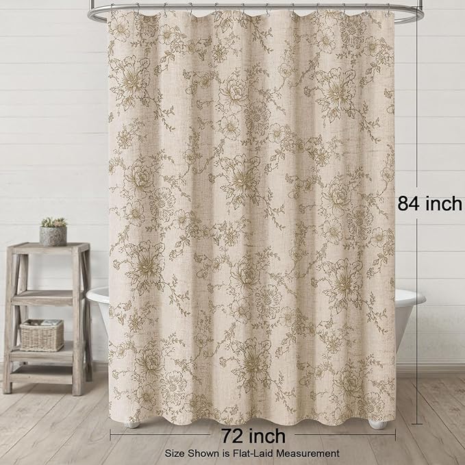 Farmhouse Floral Linen Shower Curtain, Vintage Beige Pattern Rustic Shower Curtains for Bathroom, Tan Taupe,72x84