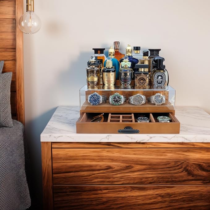 Cologne and Watch Organizer Walnut Brown โ Wooden Perfume Display Stand with Jewelry Storage Drawer, Velvet Lining, Hidden Compartment โ Large Cologne Holder โ Gift Box Included