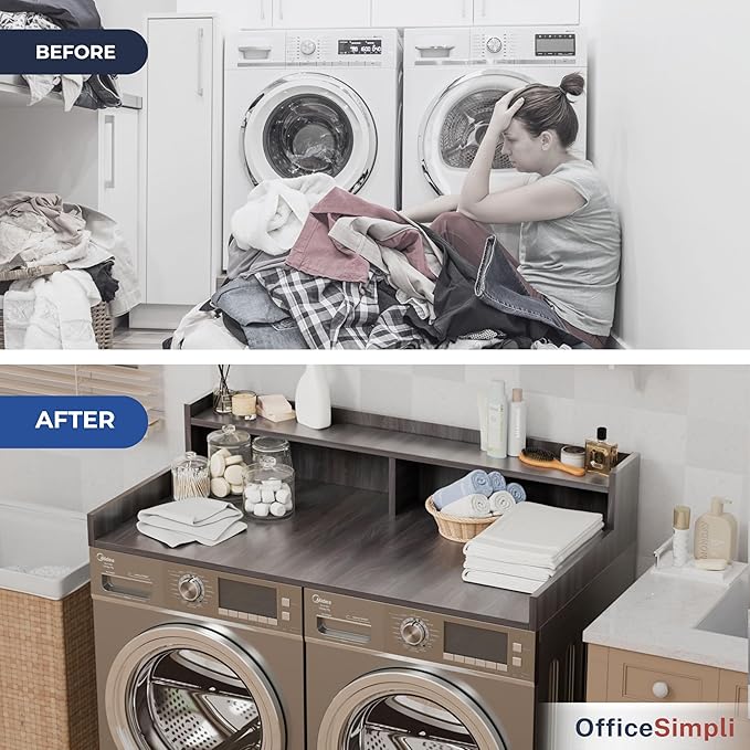 OfficeSimpli Washer Dryer Countertop with Shelf - 27.5 x 54 Inch - Made in USA Laundry Countertop Over Washer and Dryer with Non-Slip Pads, Storage Shelf, Laundry Topper Organizer, Iconic Maple