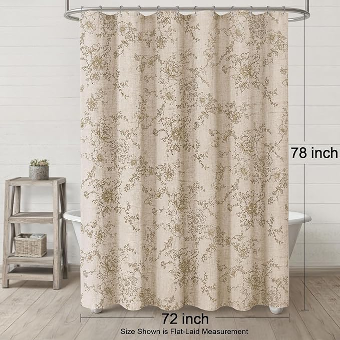 Farmhouse Floral Linen Shower Curtain, Vintage Beige Pattern Rustic Shower Curtains for Bathroom, Tan Taupe,72x78