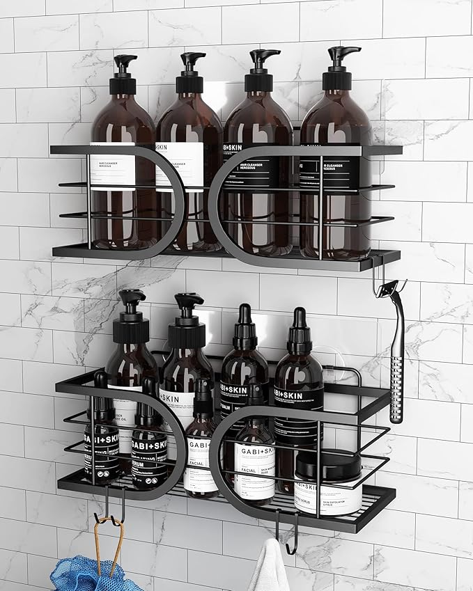 Shower Caddy No Drill Adhesive Wall Mounted SUS304 Stainless Steel Durable Large Capacity Shower Rack Organizer Quick Dry Rustproof Bathroom Storage Shelves - 2 Pack (Black)
