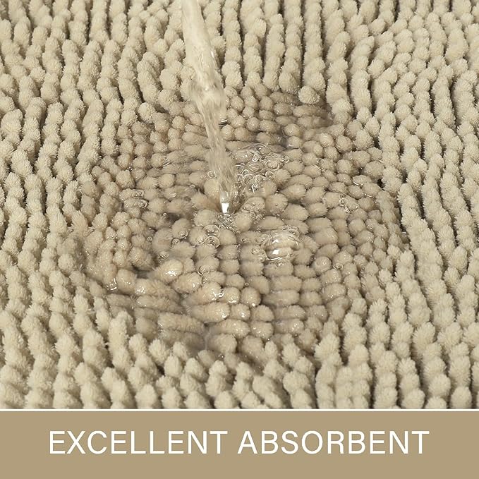 LOCHAS Luxury Bathroom Rug Shaggy Bath Mat 24 x 17 Inch, Washable Non Slip Bath Rugs for Bathroom Shower, Soft Plush Chenille Absorbent Carpets Mats, Beige