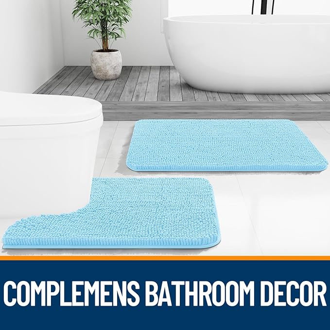 OLANLY Bathroom Rugs 59x20, Extra Soft Absorbent Chenille Bath Rugs, Rubber Backing Quick Dry, Machine Washable Bath Mats for Bathroom Floor, Tub and Shower, Home Decor Accessories, Sky Blue