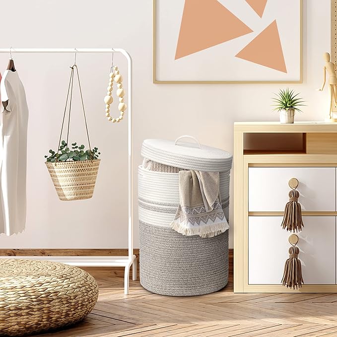 Laundry Hamper with Lid, Large Woven Laundry Basket,Blanket and Toy Storage Basket for Living Room, Bedroom, Bathroom, Nursery(Brown and White,55L)