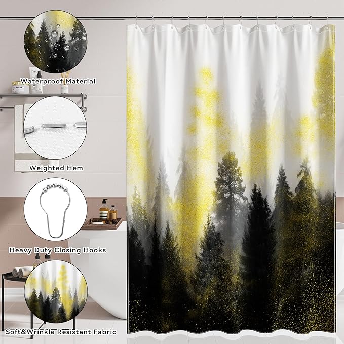 Black and Gold Bathroom Accessories, Bathroom Sets with Shower Curtain and Rugs, Bath Rugs Accessory Set with Bathroom Trash Can, Soap Dispenser, Soap Dish for Home Decor