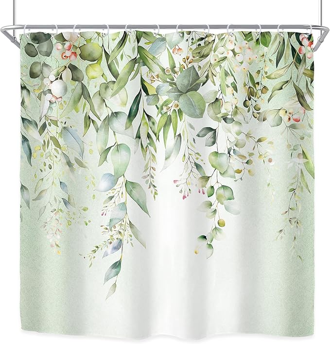 Riyidecor Colorful Floral Flowers Shower Curtain for Bathroom Decor 72Wx72H Spring Watercolor Leaves with Floral Plants Botanical Rustic Art Printed Fabric Polyester Waterproof 12 Pack Plastic Hooks