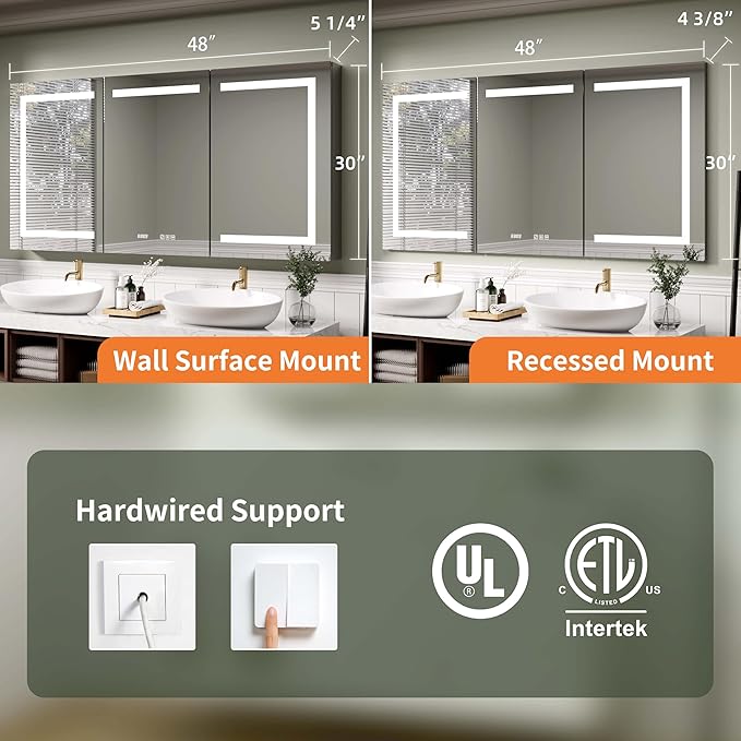 LED Medicine Cabinet Mirror, 48x30 Inch Bathroom Storage, Recessed/Wall Mount, Plug-in/Hardwired, 3 Color Dimmable Light, Anti-Fog, Time Temp Display