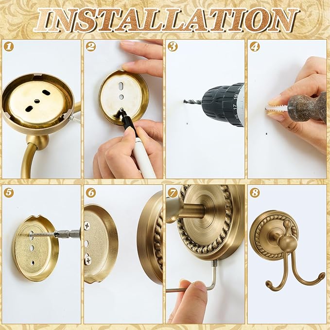 4 Pcs Antique Brass Gold Bathroom Accessories Set Wall-mounted Adjustable Towel Rack & Round Towel Ring & Covered Toilet Paper Holder & Robe Hook Wall Mounted Brass Vintage Bath Hardware Set