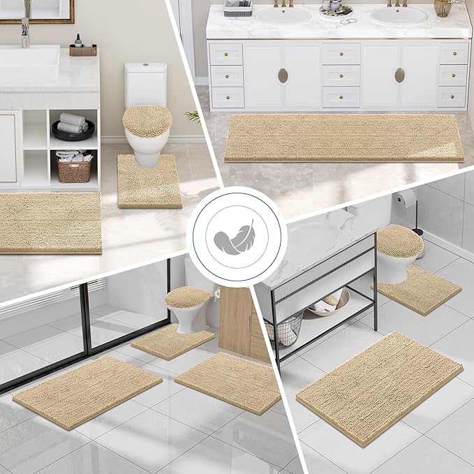 Smiry Luxury Chenille Bathroom Rugs 34x21, Extra Soft and Absorbent Shaggy Bath Mat, Machine Washable, Non-Slip Plush Carpet Runner for Tub, Shower, and Floor, Home Decor Accessories, Beige