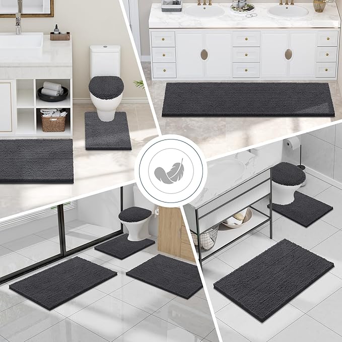 Smiry Luxury Chenille Bathroom Rugs 44x32, Extra Soft and Absorbent Shaggy Bath Mat, Machine Washable, Non-Slip Plush Carpet Runner for Tub, Shower, and Floor, Home Decor Accessories, Charcoal Grey