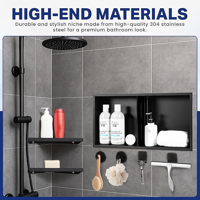 Stainless Steel Shower Niche No Tile Needed 24"x12" Inner Size (25.19"x13.19" Outside Size) Matte Black - Niche for Shower Wall - Bathroom Niches - Includes Corner Shelves Razor Holders and Wall Hooks
