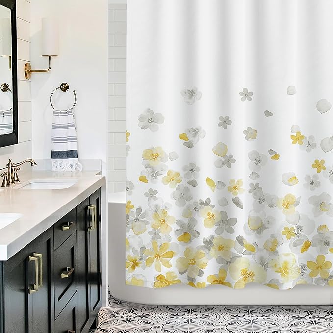 Sunlit Floral Fabric Shower Curtain, Design Simple Style Yellow and Gray Flower Blossoms Shower Curtains for Bathroom Decor with White Background, Machine Washable, 71x71