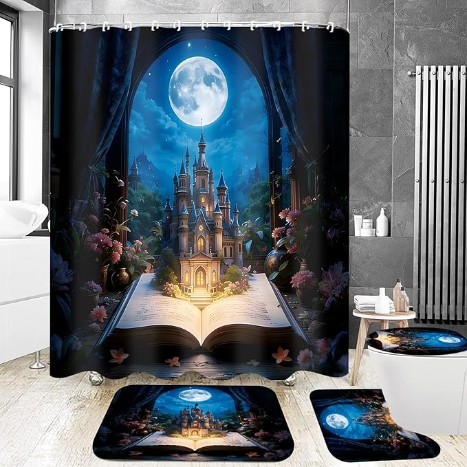 Yizheer Luxury 4Pcs Book Flower Castle Shower Curtain Set, Moon Pattern Castle Waterproof Bathroom Decor Kit (Shower Curtain + Bath Rugs + Toilet Lid Cover + Hooks), Elegant Curtain for Bathroom