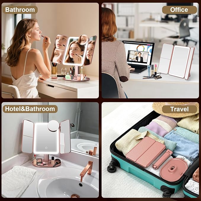 Mocado Makeup Mirror with Lights, 20X/7X/3X Magnifying Mirror with Light, Rechargeable & Height Adjustable Lighted Makeup Mirror, Vanity Mirror with 3 Colors Lights, Detachable Design(Rose Gold)