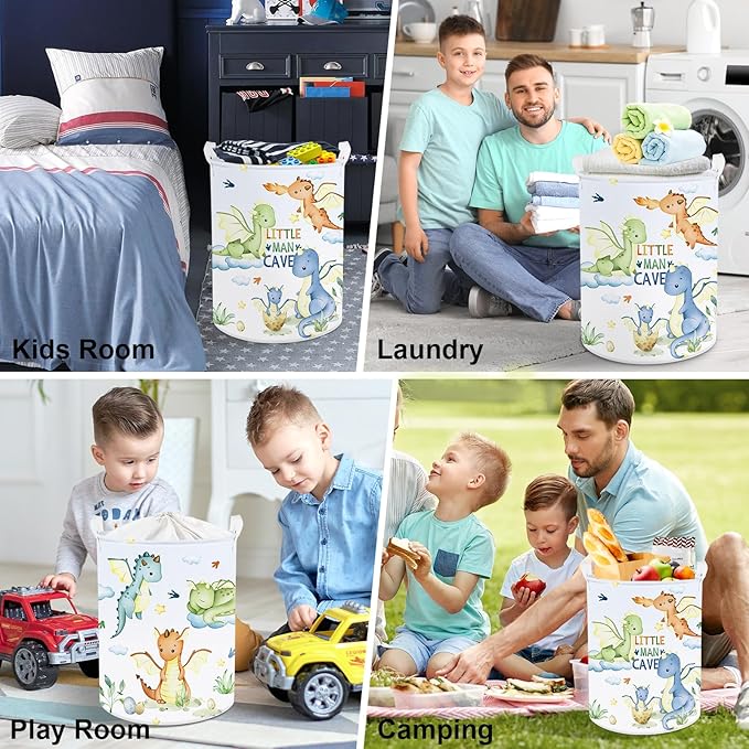 Clastyle Blue Dragon Kid Laundry Hamper with Lid Flying Dino Collapsible Laundry Basket with Handles Star Cloud Clothes Towel Toy Storage Basket for Boy Girl Nursery